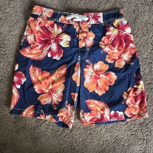 Old Navy Navy Blue Swim Shorts with Orange & Red Hibiscus Print
